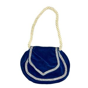 Vintage Blue Velvet Embroidered Handbag Purse Retro 60s 70s